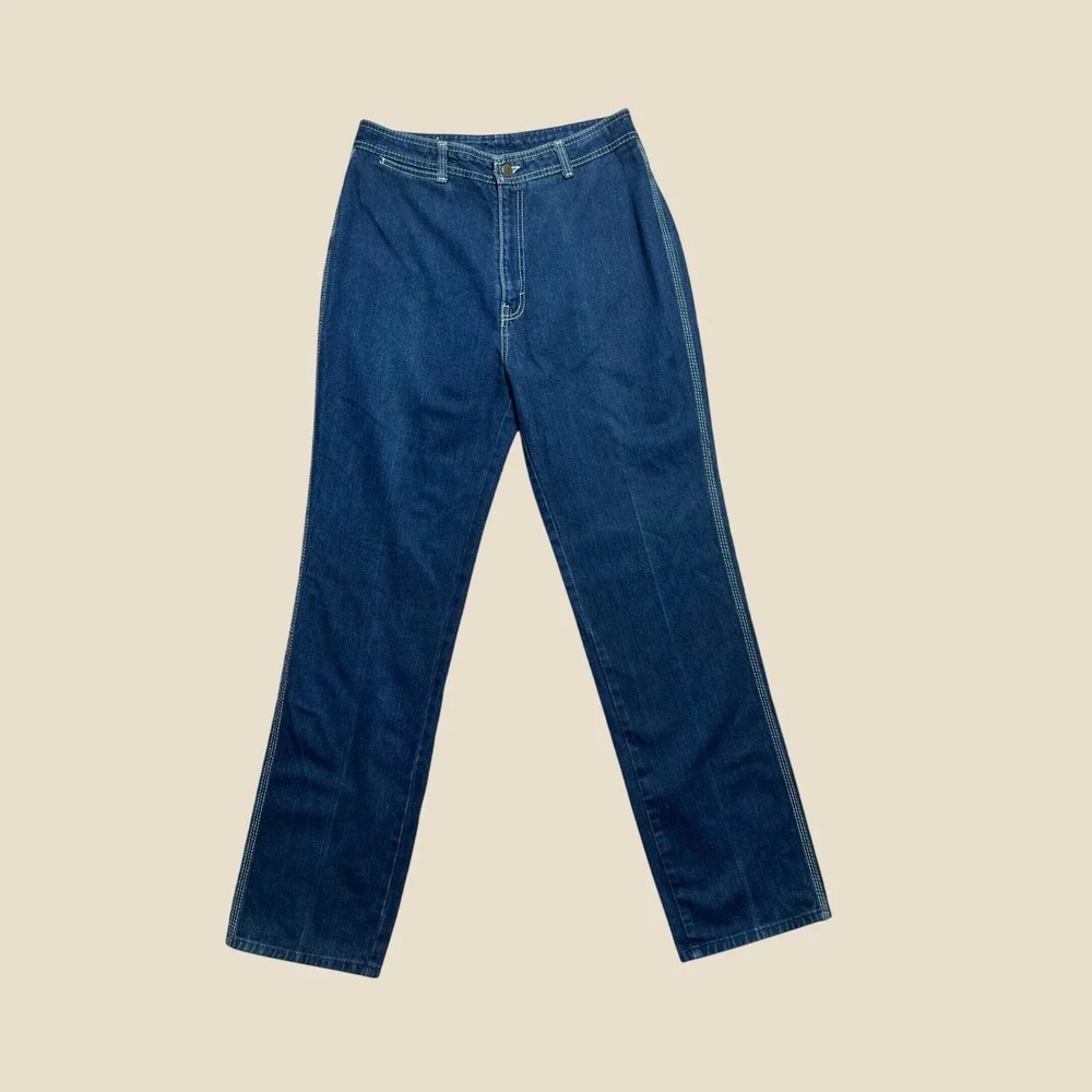 VTG 70s High Waisted Straight Leg Denim Jeans Dark Wash Contrast Stitch 32x33 - Picture 1 of 12